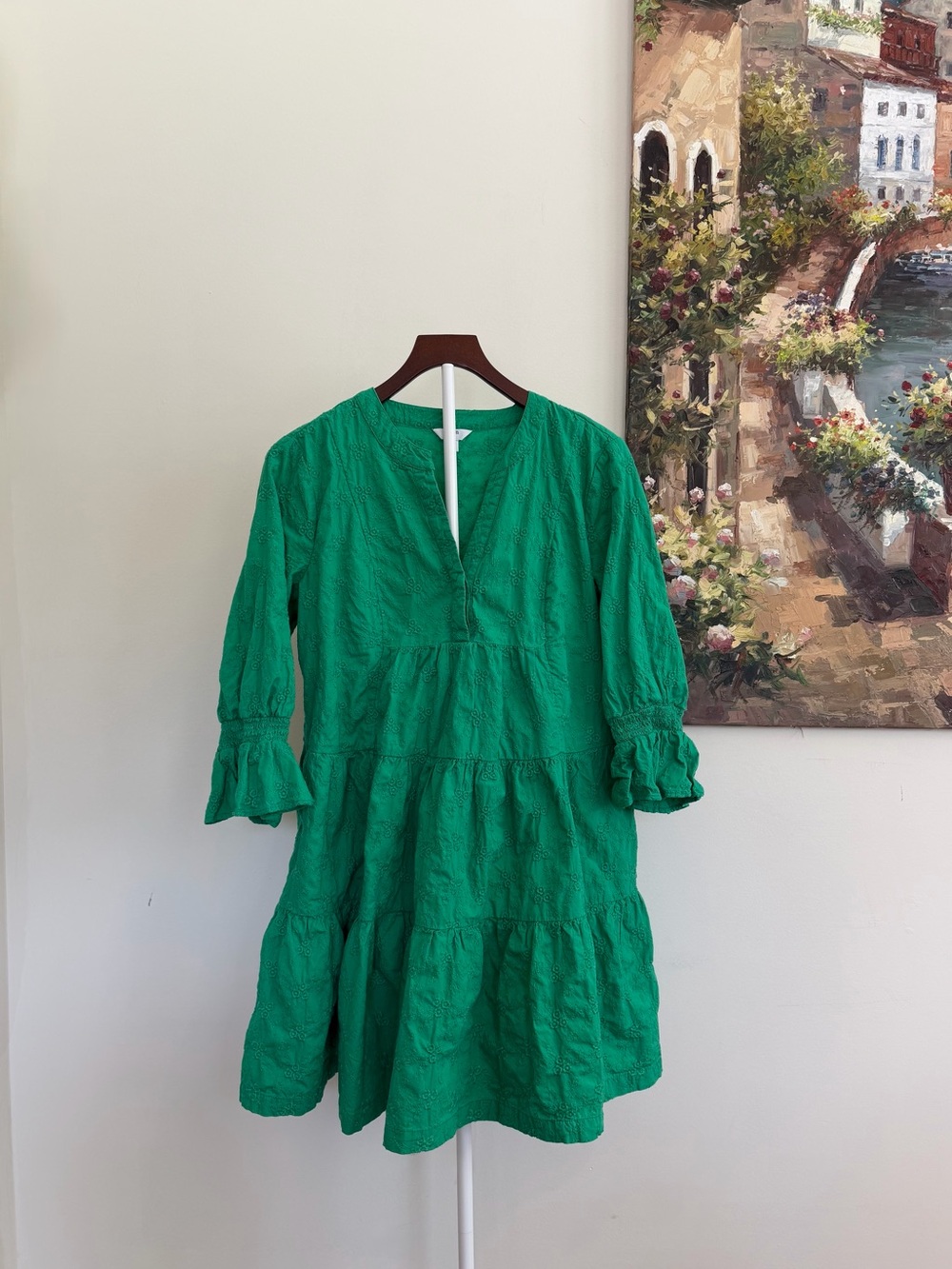 Crown & Ivy Green Embroidered Tiered Boho Peasant Dress Puff Sleeves Size Med